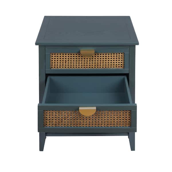 Unbranded 22.05 in. W x 15.75 in. D x 28.55 in. H Green Wood Linen Cabinet with 2 Naturel Rattan Drawers