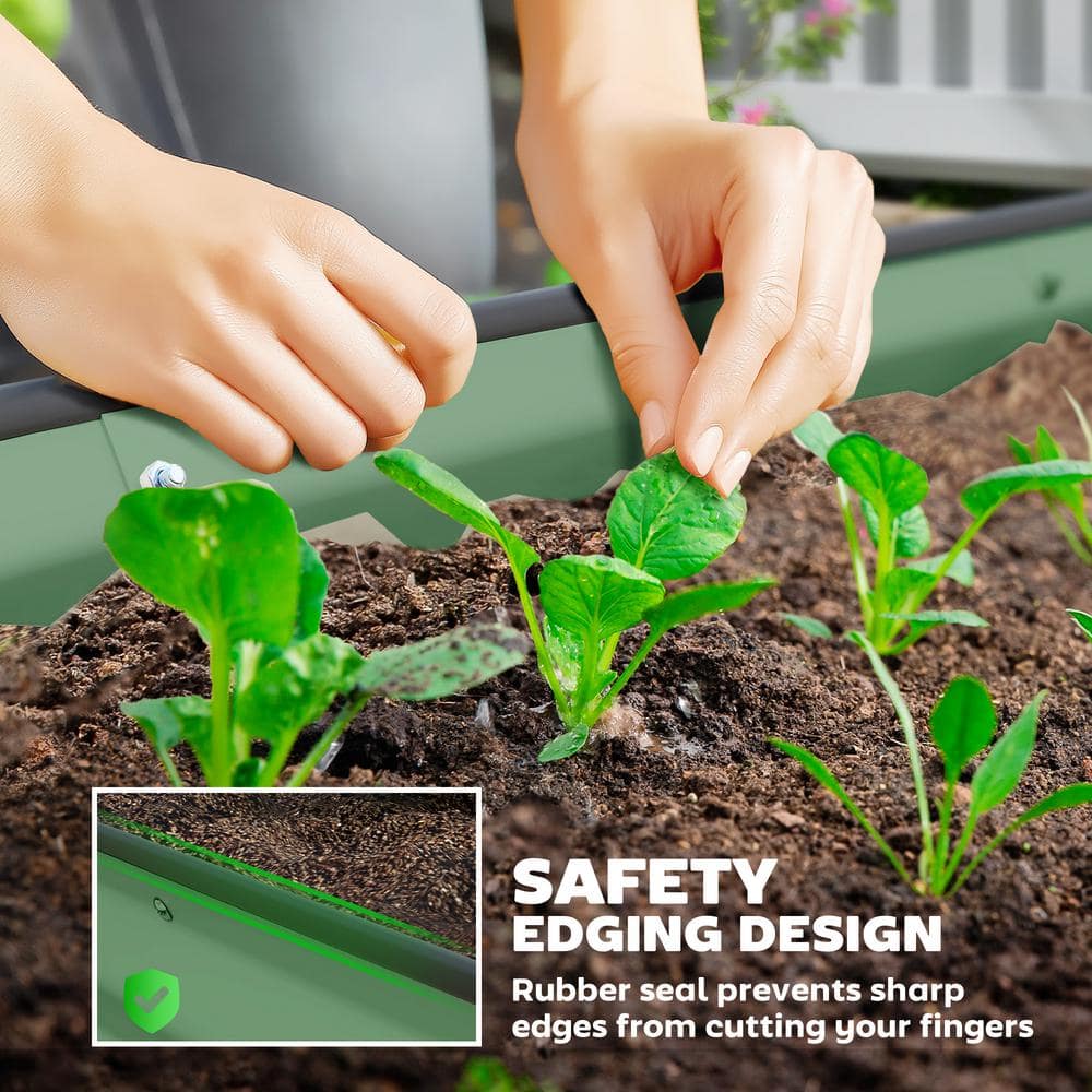 Green Galvanized Steel Raised Garden Bed Set with Metal Plant Stakes