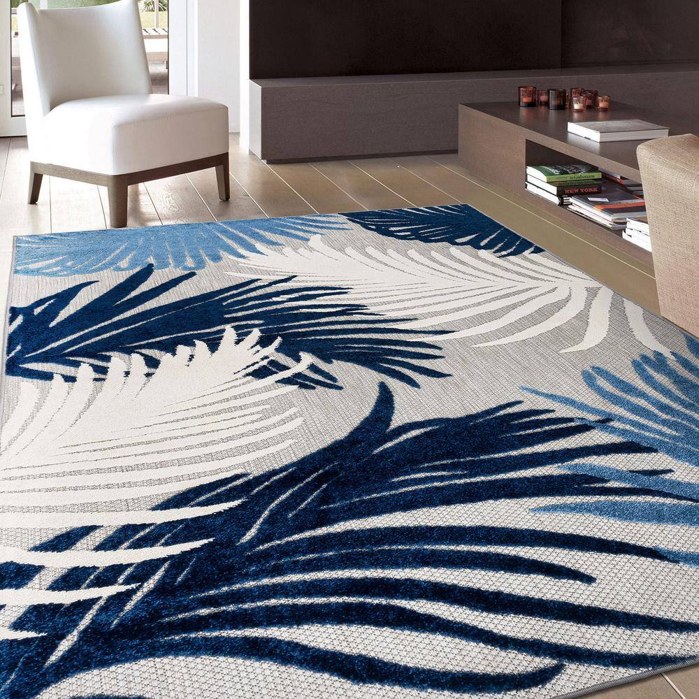 Navy Floral Synthetic Flat Woven Reversible Area Rug