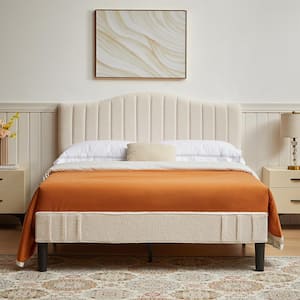 Upholstered Bed Frame Full Size with Sheepskin Fabric Adjustable Headboard Platform Bed, Beige