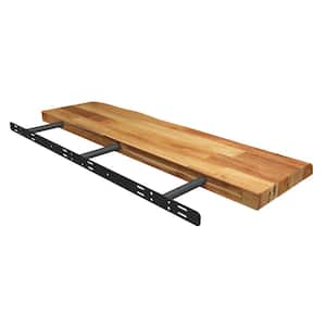 Solid 2.9 ft. L x 10 in. D x 1.5 in. T, Acacia Butcher Block Countertop Floating Wall Shelf, Golden Teak with Live Edge