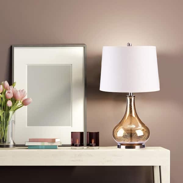 24 In Brushed Steel Gold Mercury Glass, Mercury Glass Bottle Base Table Lamp With Grey Linen Shade