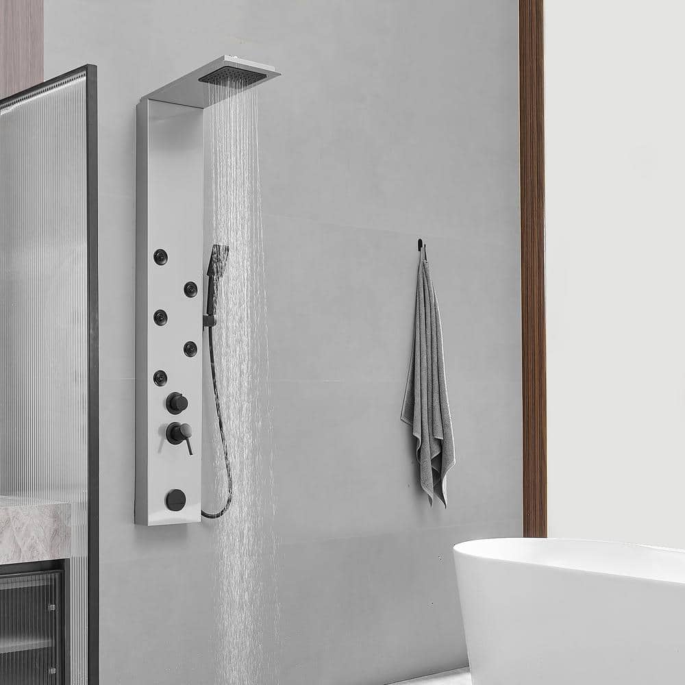 Brushed Nickel 4-Jet Rainfall Shower Panel System with Handheld Wand