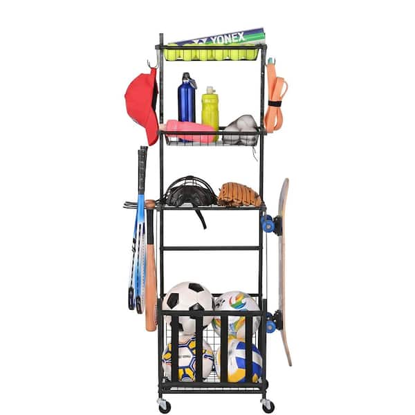4-Tier Rolling Sports Storage Rack Sports Equipment Organizer
