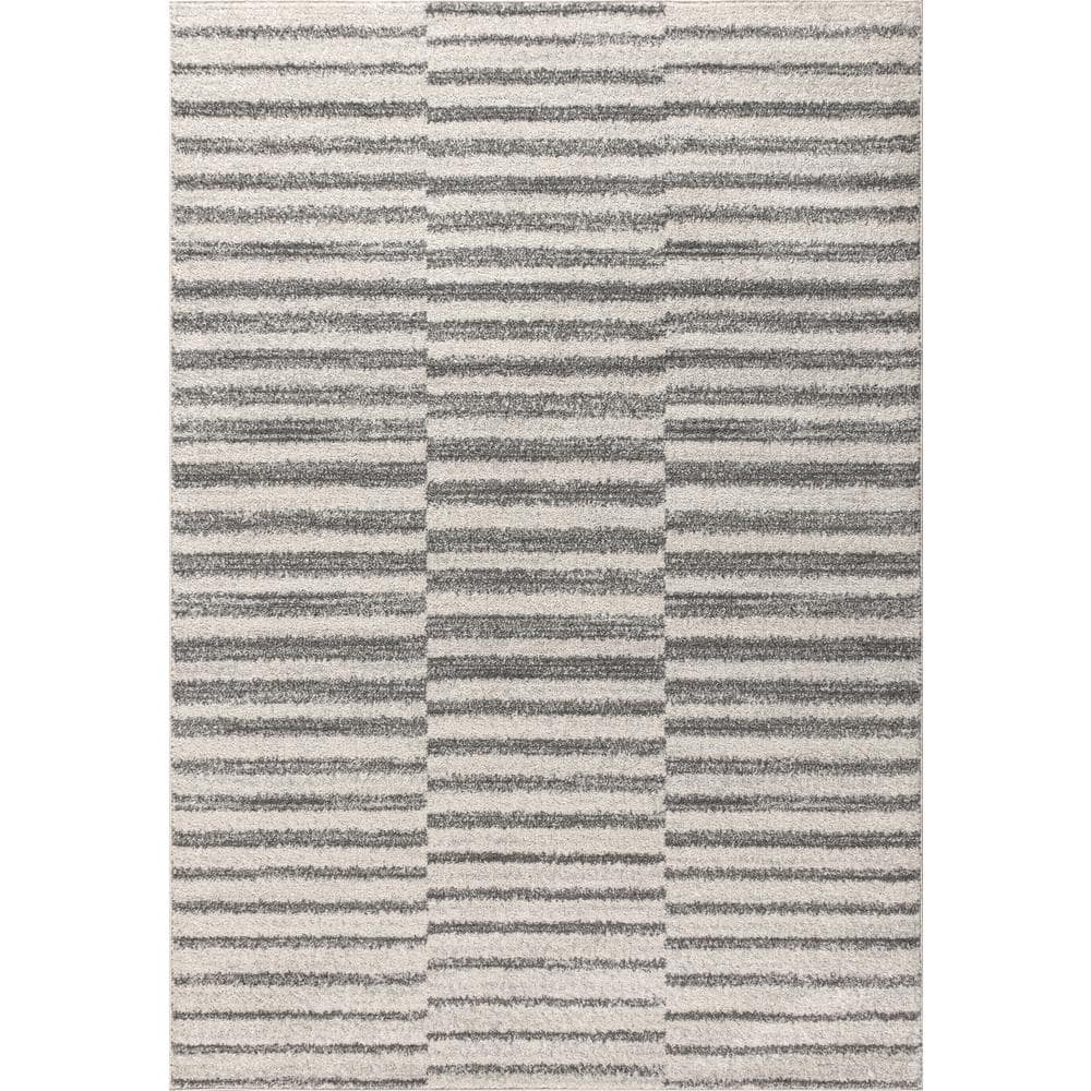 Gray and Ivory Striped Synthetic 8' x 10' Area Rug
