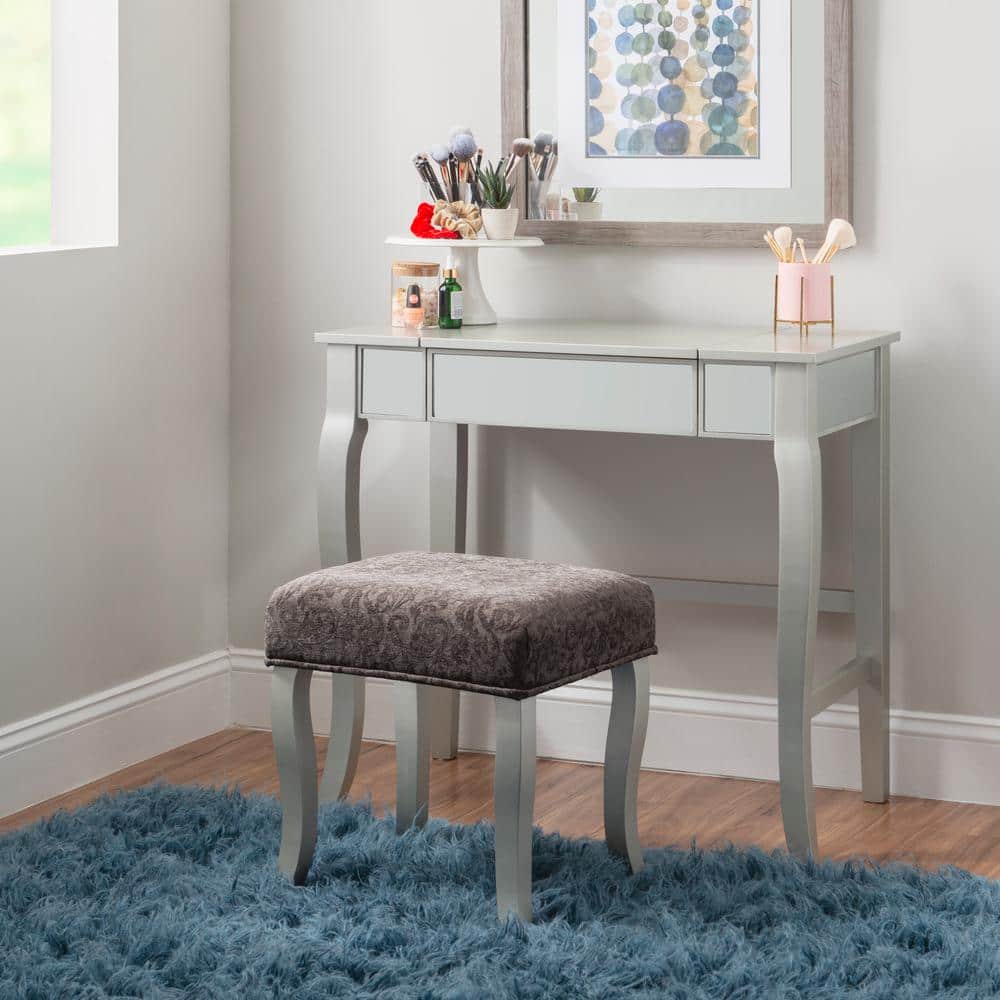 Harper Glam Silver Vanity Set with Flip-up Mirror and Gray Velvet Stool