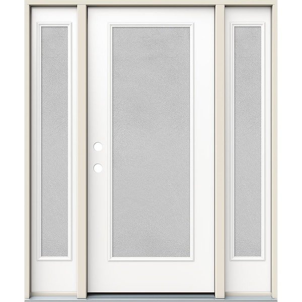 JELD-WEN 60 in. x 80 in. Right-Hand Full Lite Micro-Granite Frosted Glass Modern White Steel Prehung Front Door with Sidelites