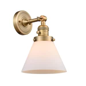 Cone 8 in. 1-Light Brushed Brass Wall Sconce with Matte White Glass Shade with On/Off Turn Switch