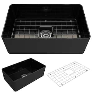 Aderci Black Fireclay 30 in. Single Bowl Ultra-Slim Farmhouse Apron Front Kitchen Sink with Grid and Strainer