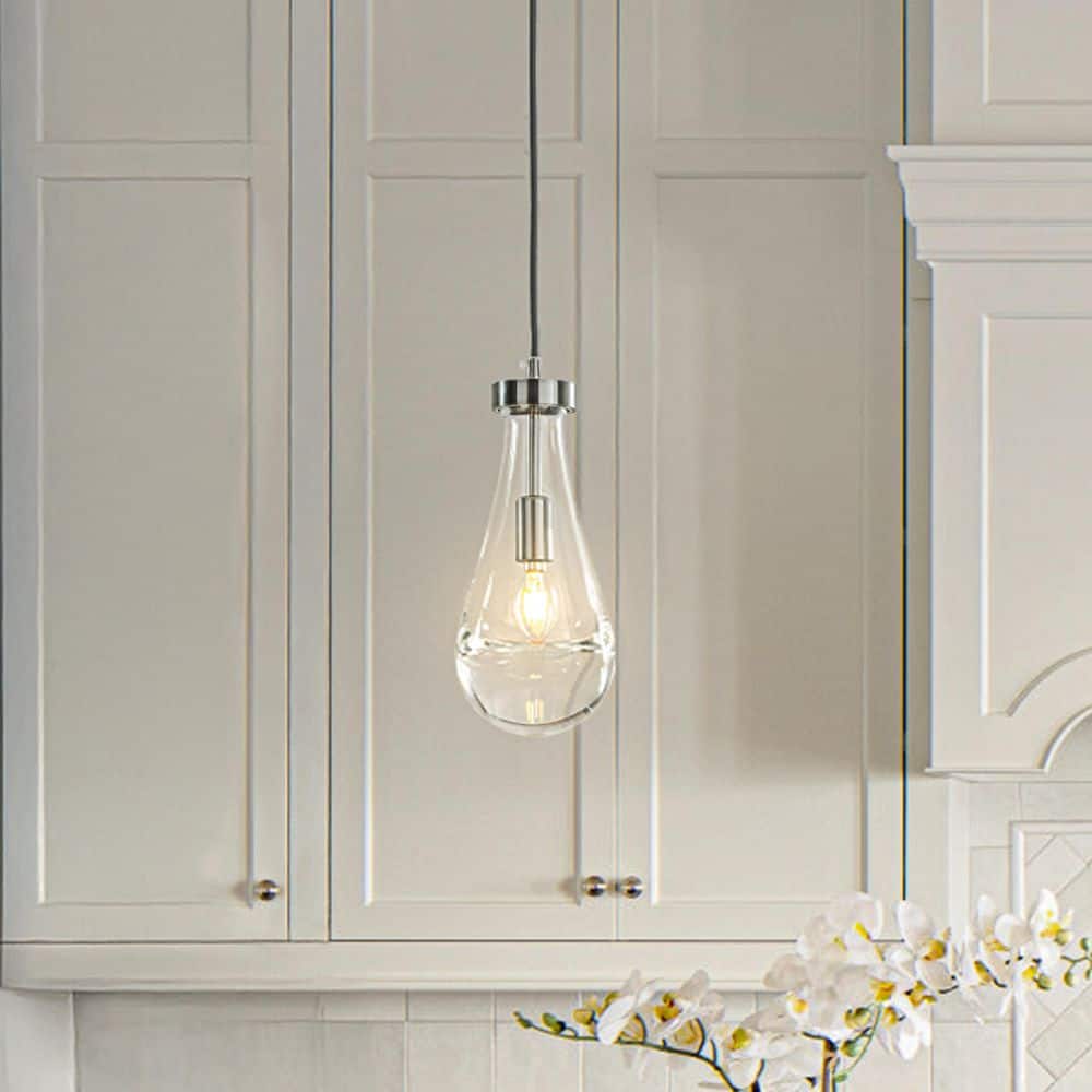 1-Light 5 in. Farmhouse Raindrop Glass Brush Black Nickel Chandelier Rustic