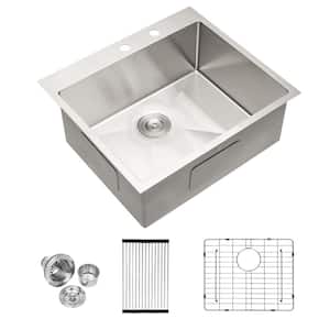 16-Gauge 25 in. Stainless Steel Single Bowl Drop-In Kitchen Sink with Bottom Grid and Strainer
