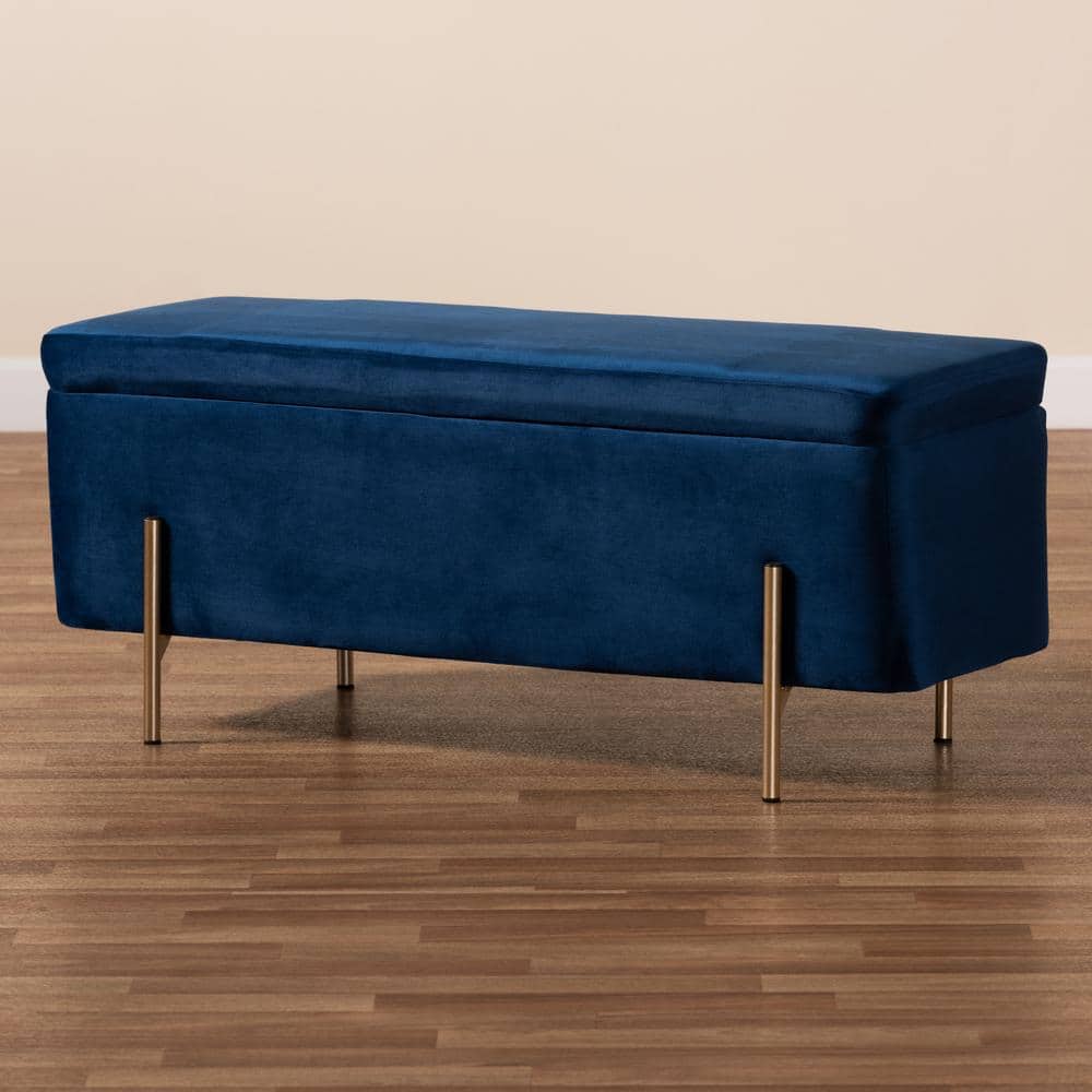 Rockwell Navy Blue Velvet & Gold Metal Storage Bench
