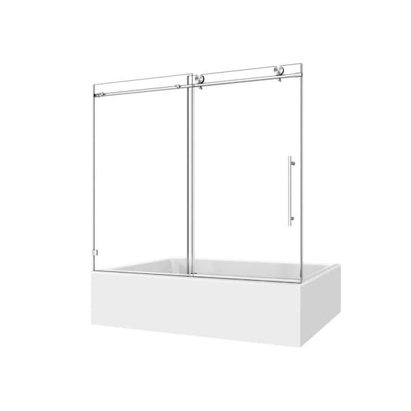 WEGATE 60 in. x 63 in. 2-Panel Clear Tempered Glass Sliding Door with Brushed Nickel Hardware