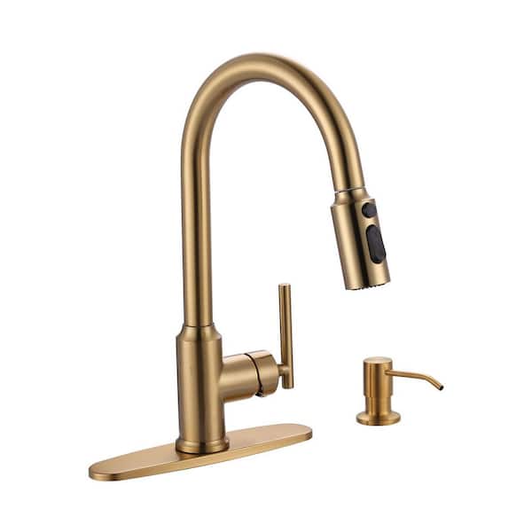 Single Handle Pull Down Sprayer Kitchen Faucet with Soap Dispenser and Deck Plate in Brushed Gold