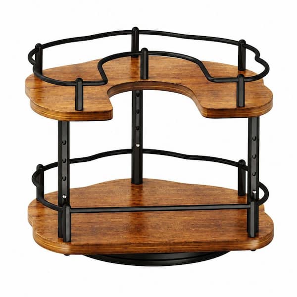 2-Shelf Natural Finish Wall-Mount Rotating Solid Wood Spice Rack Organizer Height Adjustable Lazy Susan