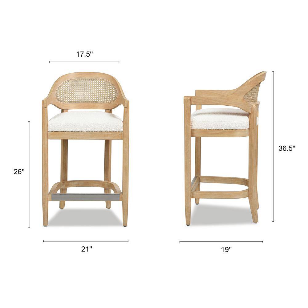 Ivory White Bouclé 26" Cane Back Counter Stool with Oak Frame