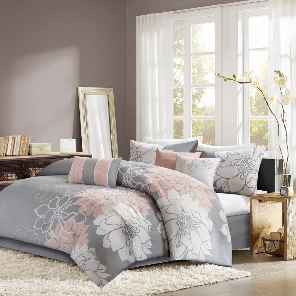 Gray and Blush Floral Cotton Queen Comforter Set