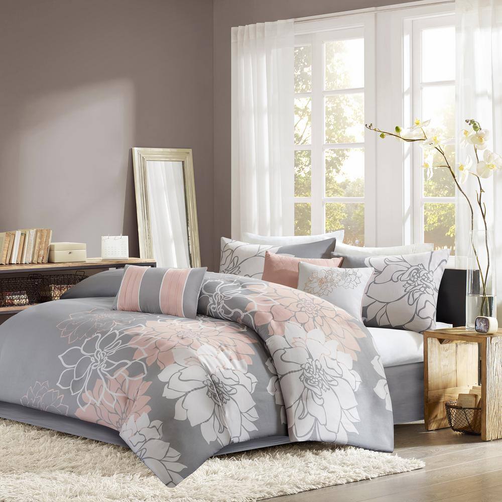 Lola Twin Gray and Blush Cotton Floral Comforter Set