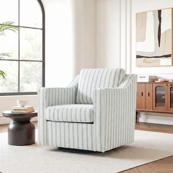 Pinstripe Light Blue Linen Upholstered Swivel Accent Barrel Chair(Set of 1)