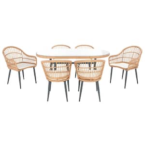 Genser Natural 7-Piece Rattan Outdoor Patio Dining Set with Beige Cushions