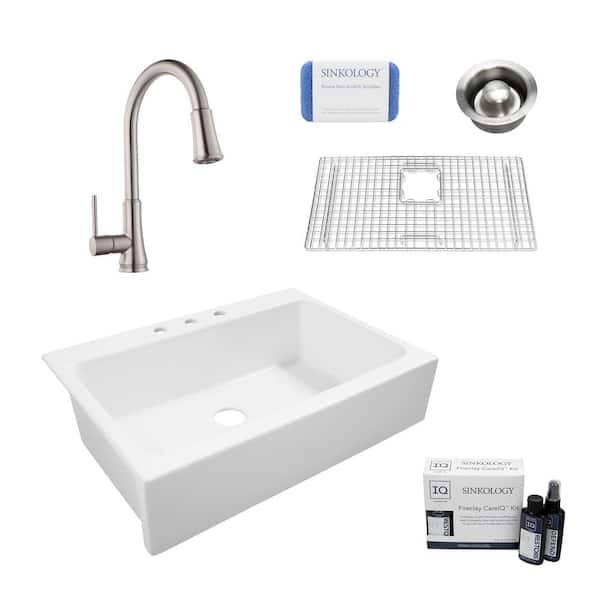 SINKOLOGY Josephine All-in-One Quick-Fit Farmhouse Fireclay 33.85 in. 3-Hole Single Bowl Kitchen Sink with Faucet and Drain