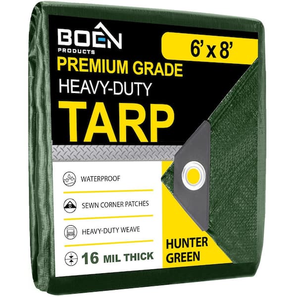 BOEN 6 ft. x 8 ft. Green Ultra Heavy-Duty 16 Mil Thick Hunter Tarp Cover, Waterproof, Tear Proof and UV Resistant