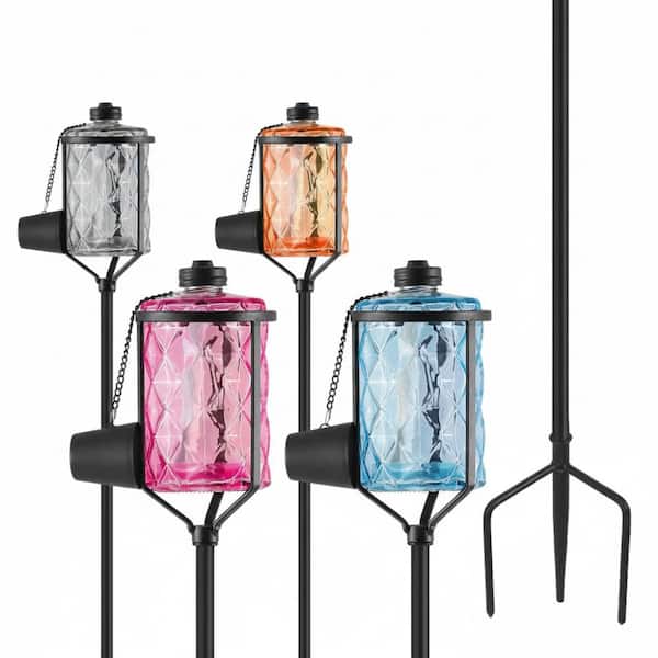 4-Pack Glass Torches, Citronella Torches with 3-Prong Grounded Stake