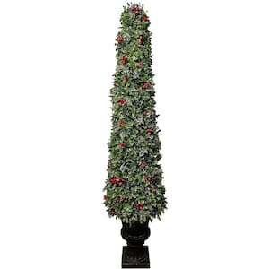 4 ft. Unlit Faux Boxwood Artificial Christmas Tree with Red Berries and Ornamental Pot