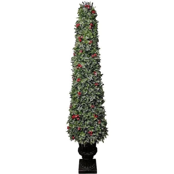 Fraser Hill Farm 4 ft. Unlit Faux Boxwood Artificial Christmas Tree with Red Berries and Ornamental Pot