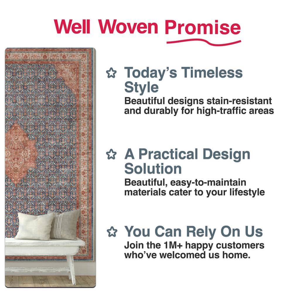 Blue Red 8' x 10' Chenille Oriental Washable Area Rug