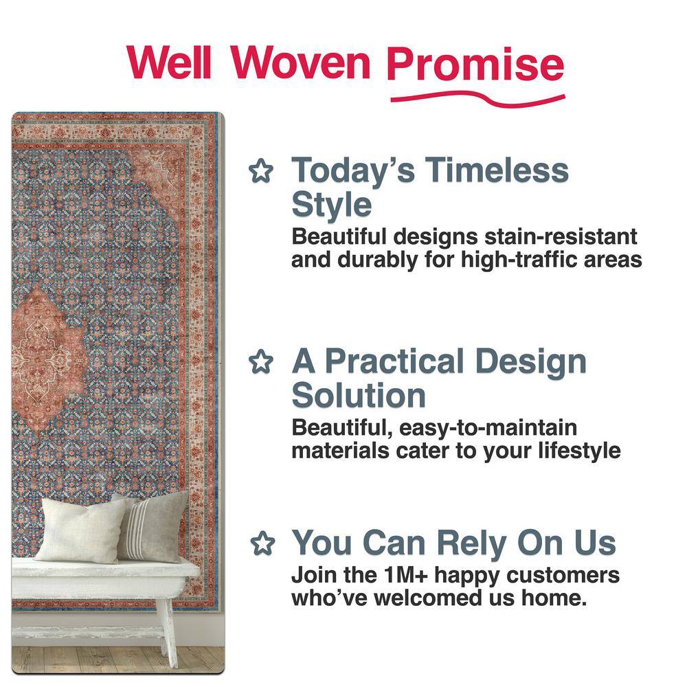 Blue Red Chenille Oriental Flat Woven Rectangular Rug