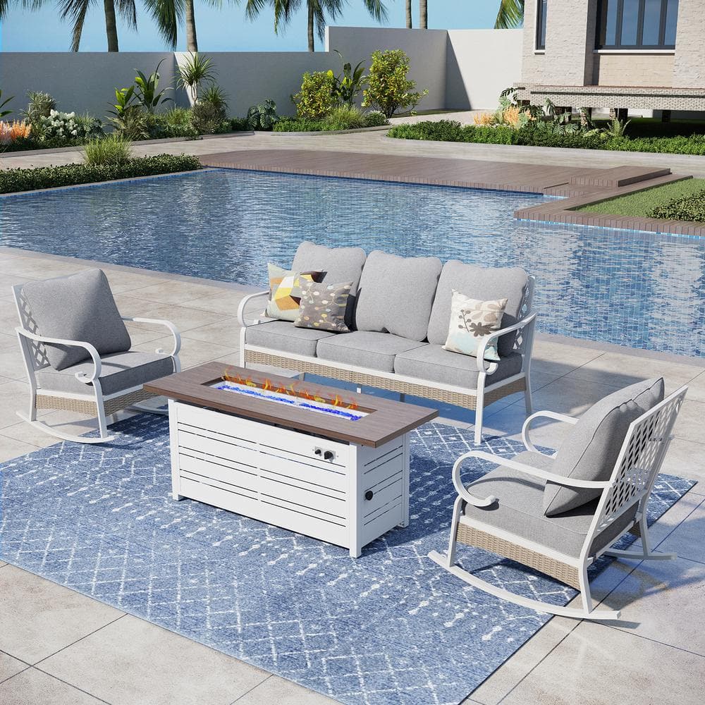 White 4-Piece Metal Outdoor Patio Conversation Set with Rocking Chairs, 50000 BTU Fire Pit Table and Gray Cushions -  PHI VILLA, THD5-C202GR-104