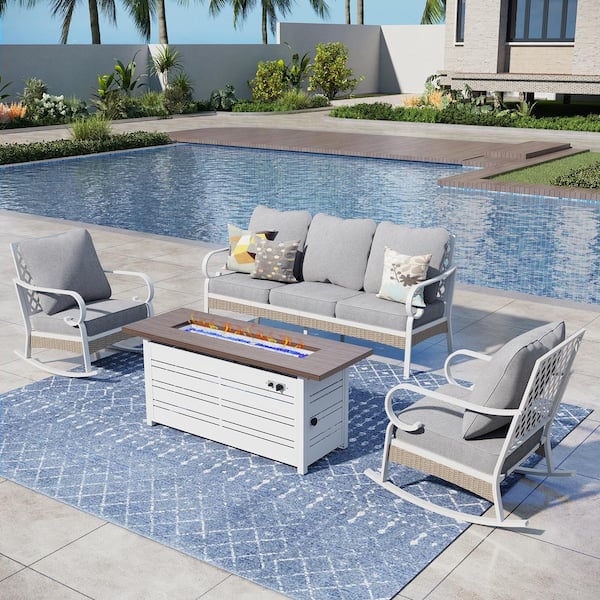 PHI VILLA White 4-Piece Metal Outdoor Patio Conversation Set with Rocking Chairs, 50000 BTU Fire Pit Table and Gray Cushions