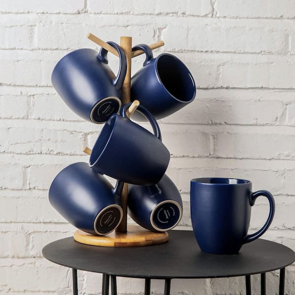 Wudkey 16 oz. Matte Blue Ceramic Coffee Mugs with large handle to Hold Easy Clean, Dishwasher Microwave Safe (Set of 6)