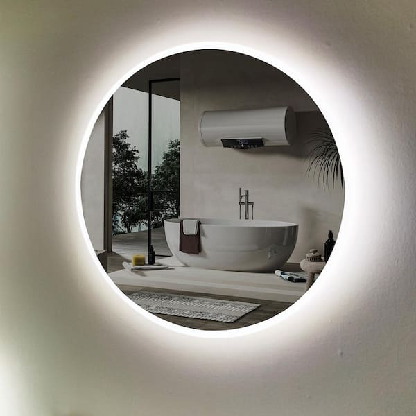 24 Inch Round LED Lighted Bathroom Vanity Mirror with Shelf, Touch