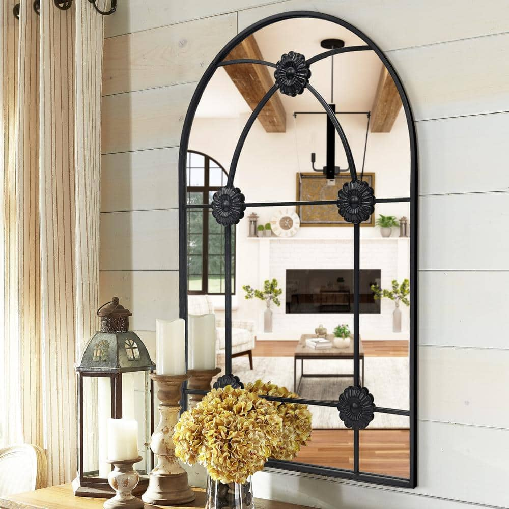 Hochwertiges 28 in. W x 40 in. H Arched Black Metal Framed Wall Mirror ...