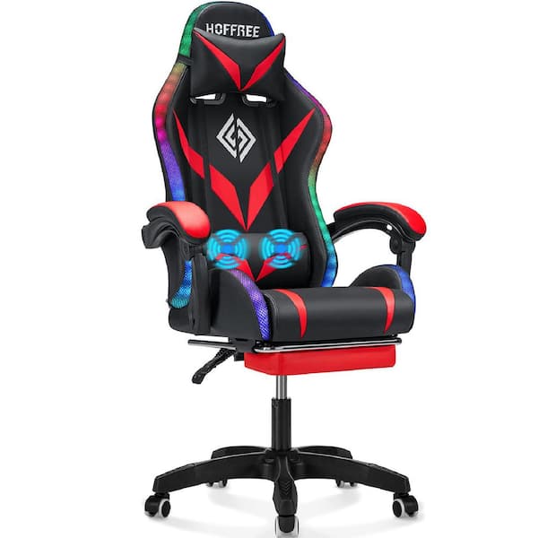Hoffree Faux Leather Massage Ergonomic Gaming Chair in Red with LED Lights Footrest