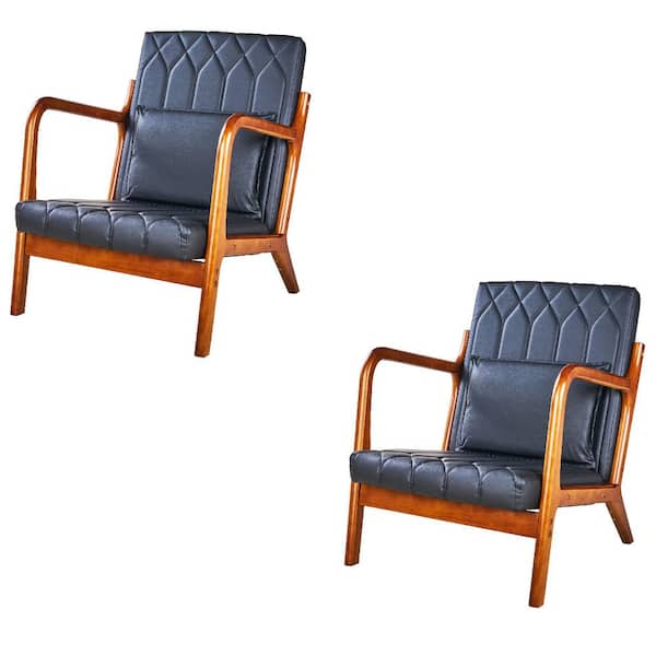 Modern Accent Chair, Solid Wood Frame, Black (Style 4) Upholstery, Comfortable Lounge Chair with 1-Pillow (Set of 2)