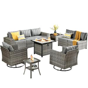 Tahoe Grey 10-Piece Wicker Swivel Rocking Outdoor Patio Conversation Sofa Set with a Fire Pit and Striped Grey Cushions
