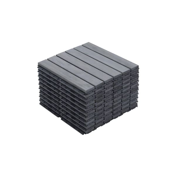 Siavonce 1 ft. x 1 ft. 10-Pieces Interlocking Deck Tiles Striped Pattern, Square Light Gray Acacia Wood Outdoor Flooring
