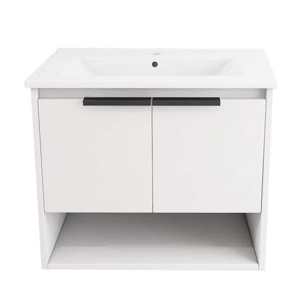 FUNKOL 24 in. W x 18 in. D x 20 in. H Bath Vanity in White with White Ceramic Top