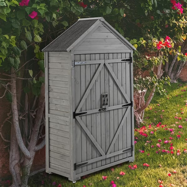 40 in. x 22 in. x 69 in. Outdoor Storage Cabinet Garden Wood Tool Shed Shelves and Latch Bird House For Yard In Gray