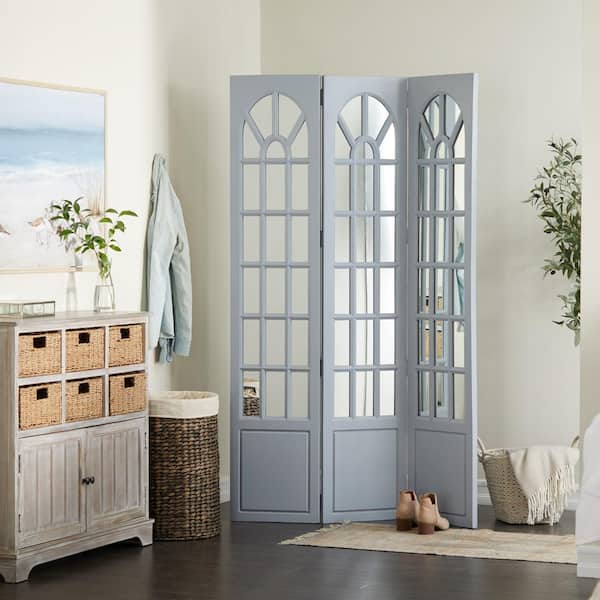 Litton Lane 6 ft. Blue 3 Panel Hinged Foldable Partition Room Divider  Screen with Window Pane Style Mirror 040536 - The Home Depot