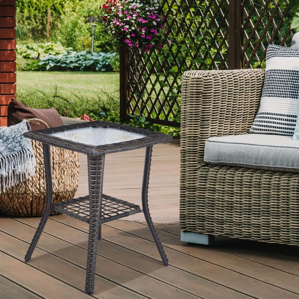 Gray Wicker Outdoor End Table with Glass Top and Storage Shelf