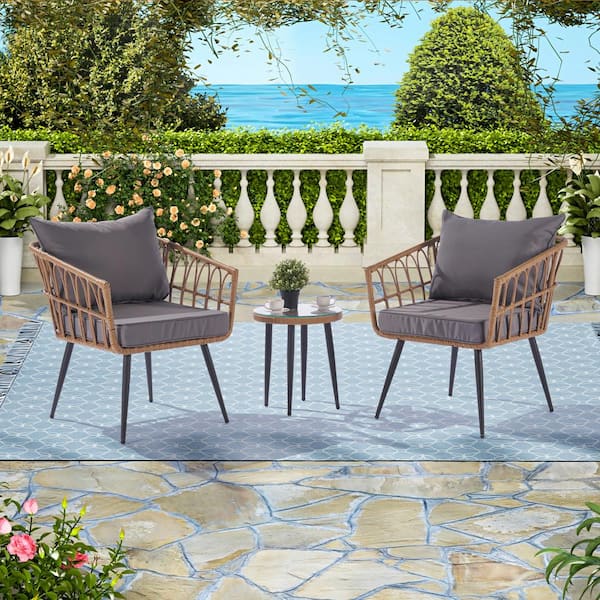 Cesicia 3-Piece Wicker Outdoor Serving Bar Sets Patio Conversation Sets with Dark Gray Cushion