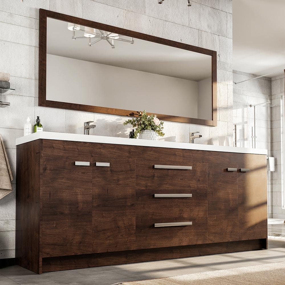 Lugano 84" Rosewood Modern Freestanding Double Vanity with Integrated White Acrylic Sinks