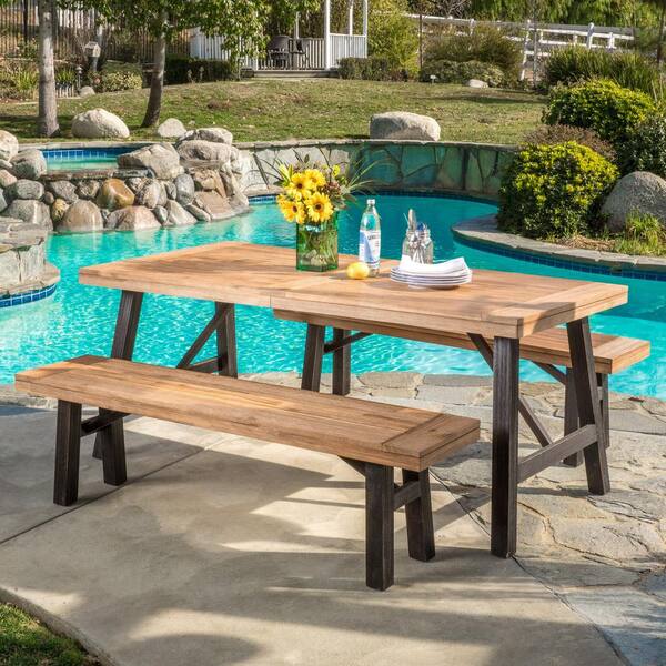 Cottage 3-Piece Brushed Gray Wood Picnic-Style Outdoor Patio Dining Set