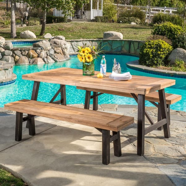 Cottage 3-Piece Brushed Gray Wood Picnic-Style Outdoor Patio Dining Set