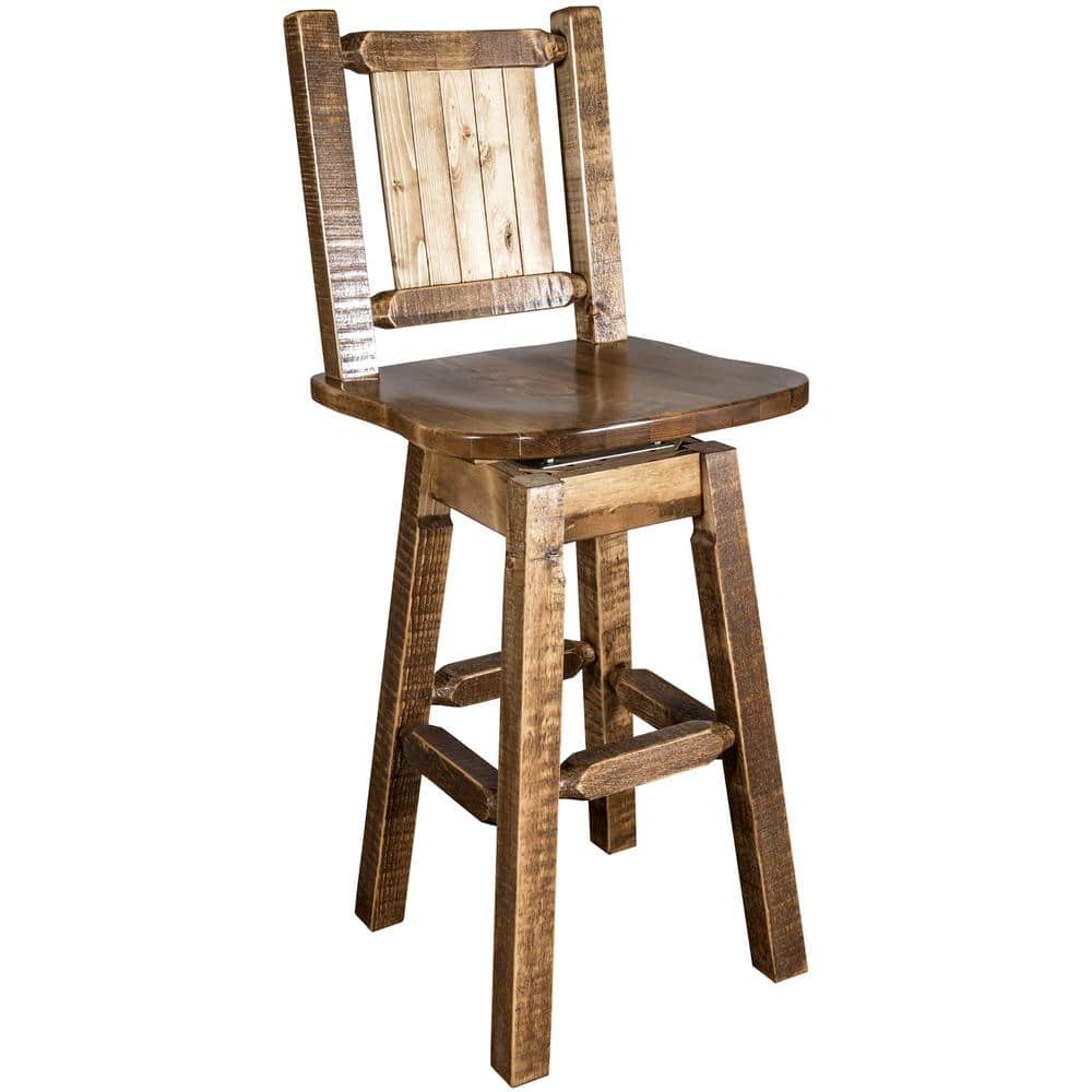 Rustic American Frontier 30" Swivel Barstool with Pine Tree Motif
