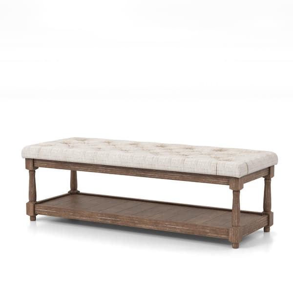 Furniture of America Gavinato Farmhouse Beige Tufted Upholstered Bench With Shelf